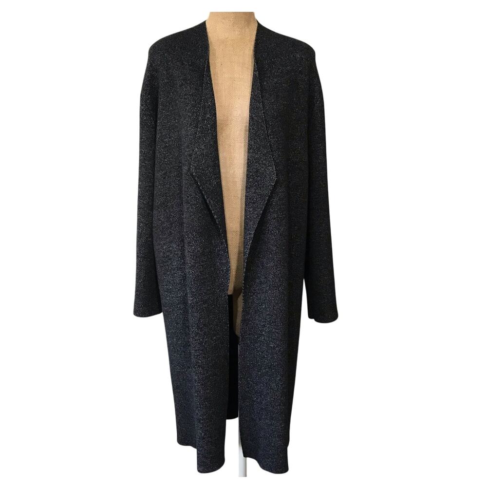 Saks Fifth Avenue Long Line Open Front Knit Cardigan Jacket Coat Wide Sleeve EUC